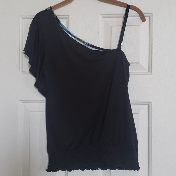 Vintage 90s Y2K One Shoulder Top Blouse Black Teal Bold Flower - Picture 4 of 11